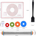 Adjustable Rolling Pin 3 Set and Silicone Baking Pastry Mat Silicone Bush Set,Thickness Rings,Stainless Steel Dough Roller 17.4" Rolling Pins for Baking Dough
