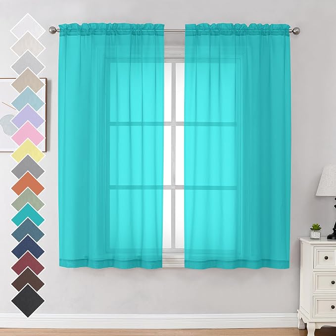 Turquoise Sheer Curtains 63 Inches Length 2 Panels, Light Filtering Treatment by OVZME