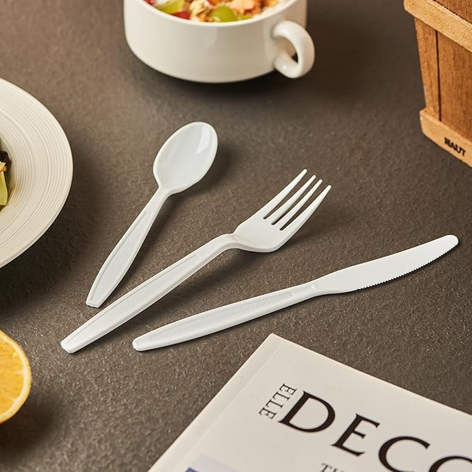 White Plastic Forks Spoons Knives Heavyweight Utensils Disposable Silverware Heavy Duty Cutlery Set [300 Combo Box]