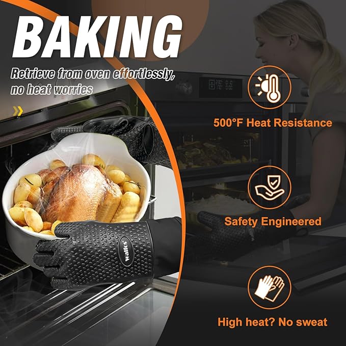 Walfos Silicone BBQ Gloves - Heat Resistant Grilling Gloves, Premium Non-Slip Kitchen Silicone Oven Mitt With Protective Cotton Layer Inside, Waterproof, Great for Grilling, Kitchen and Cooking, Black