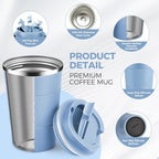 Volhoply 13 oz Stainless Steel Insulated Travel Coffee Mug with Fip Lid Bulk 4 Pack,Reusable Double Wall Vacuum Metal Coffee Cup,Portable Leak Proof Thermal Tumbler for Hot & Cold Drinks(Fog,4)