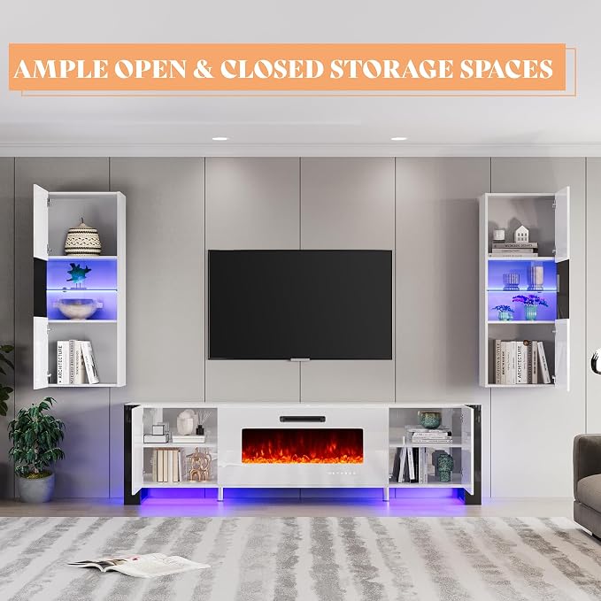 AMERLIFE 3-Piece Modern Wall Unit Entertainment Center Set, High Gloss 80" - Image 6