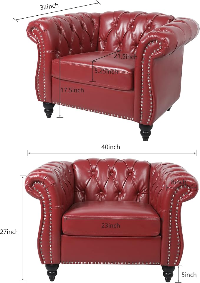 ORRD 2 Piece Living Room Set, Chesterfield Leather Sofa Loveseat Couch Chair - Image 7
