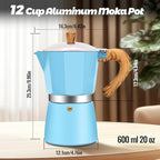 12 Cup Aluminum Moka Pot Classic Stovetop Espresso Coffee Maker 600ml 20oz Coffeemaker Percolator Mocha Pot Greca Coffee Maker Cafe Makers for Italian and Cuban Café Brewing Blue