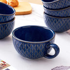 Set of 6 Cups Vintage Design 12 oz Professional Barista Ceramic Latte Art Cappuccino Cups Set (Embossed Blue * 6)