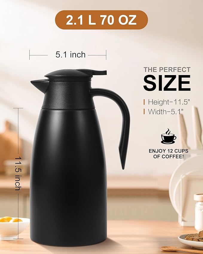 70 oz Thermal Coffee Carafe for keeping hot, Updated Airpot dispener, Insulated Stainless Steel Vacuum Thermal Pot for Coffee, Hot Water,Keep Hot 12 Hours (black/black)