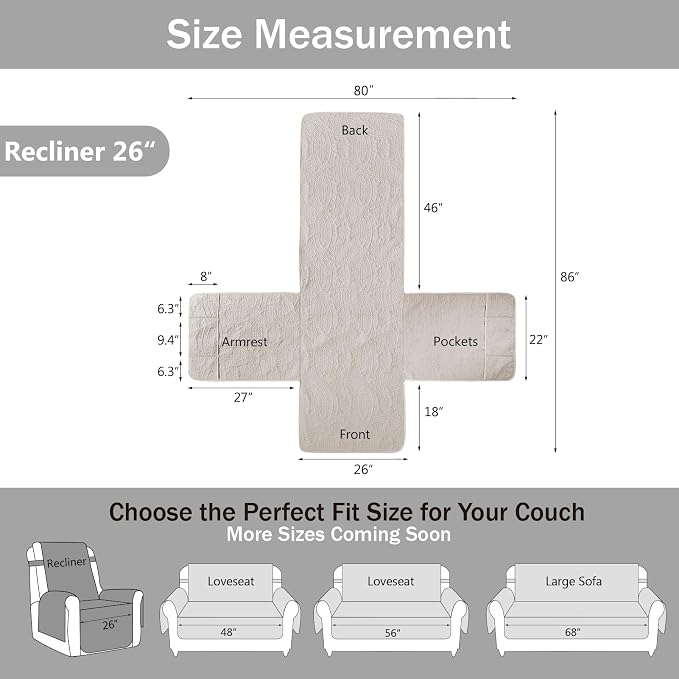Beige Recliner Chair Covers, Quilted Décor Water-Repellent Medium Lazy Boy - Image 7