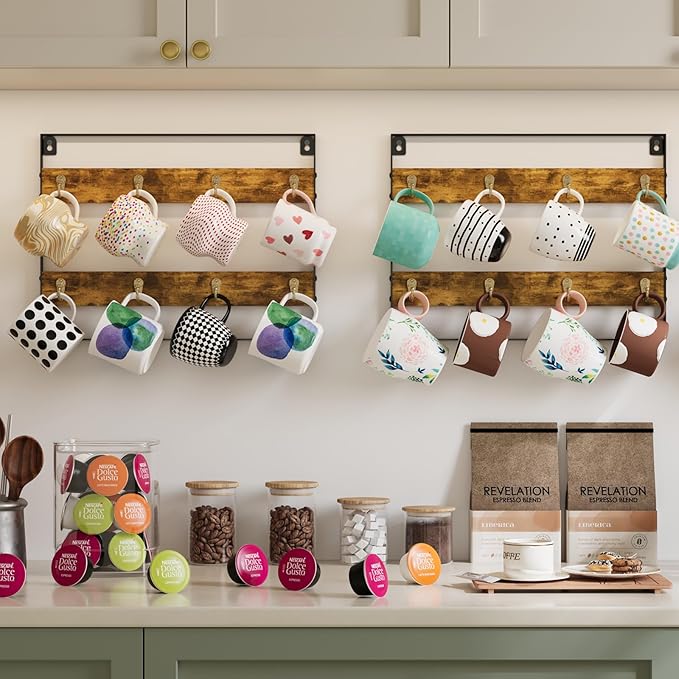 Coffee Mug Holder Rack Organizer - Wall Mounted Rack to Hold Up to 16 Mugs (2Pack), Rustic Wood Cup Organizer Rack & Display Shelf for Kitchen, Coffee Bar, Home, Office