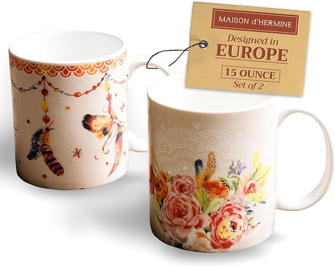 Maison d' Hermine Coffee Mug with Handles Fine Bone China Mugs Pack of Two Tea Cups for Hot Beverages Cappuccino Latte Home Restaurant Office Perfect for Gift (Ibiza - Beige, 15 Ounce)