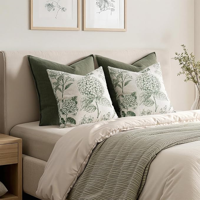 Set of 2 Decorative Floral Pillow Covers 18x18 Inch Dark Green | Neutral - Image 6