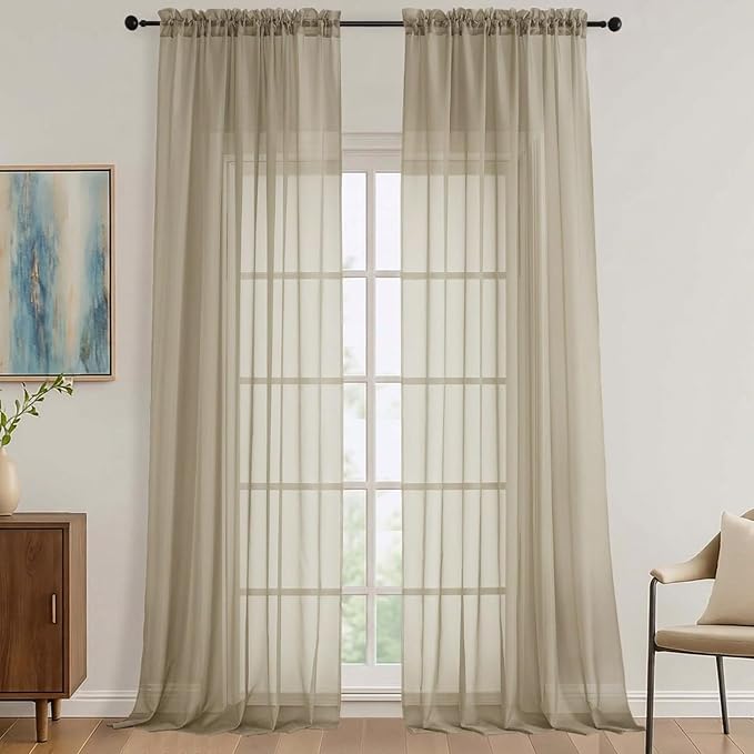 Taupe Sheer Curtains 120 Inches Long 2 Panels Set, 59 Inch Extra Wide Soft Airy by OVZME
