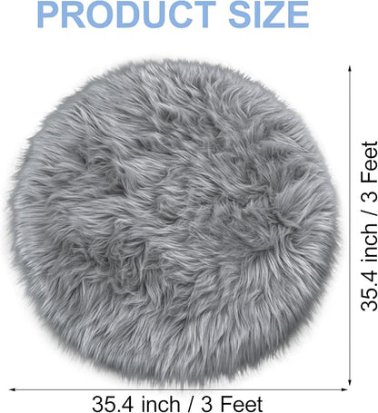 Faux Fur Grey Round Rugs 3ft for Bedroom, Small Fluffy Fuzzy Circle Rug Furry - Image 2