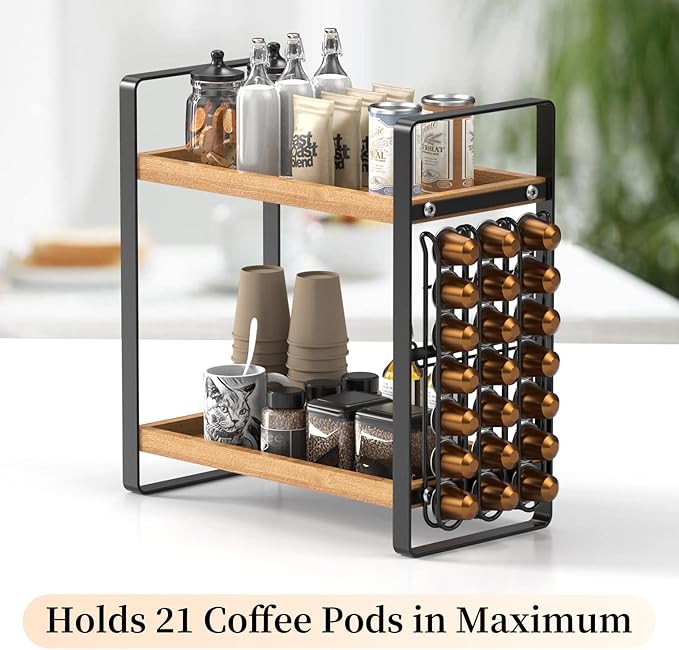 LEMIKKLE Coffee Station Organizer,Compatible with Nespresso Classic Pods 24pcs, Coffee Bar Accessories and Cup Storage Organizer, Wood Counter Shelves for Kitchen, Office, Countertop