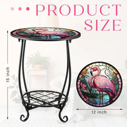 Cinnvoice Outdoor Side Table Round Small Mosaic Patio Accent Indoor End Plant - Image 3