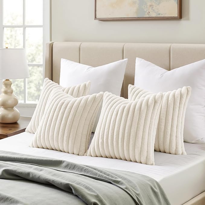MIULEE Faux Fur Plush Decorative Throw Pillow Covers 18x18, Cream White | Set - Image 5