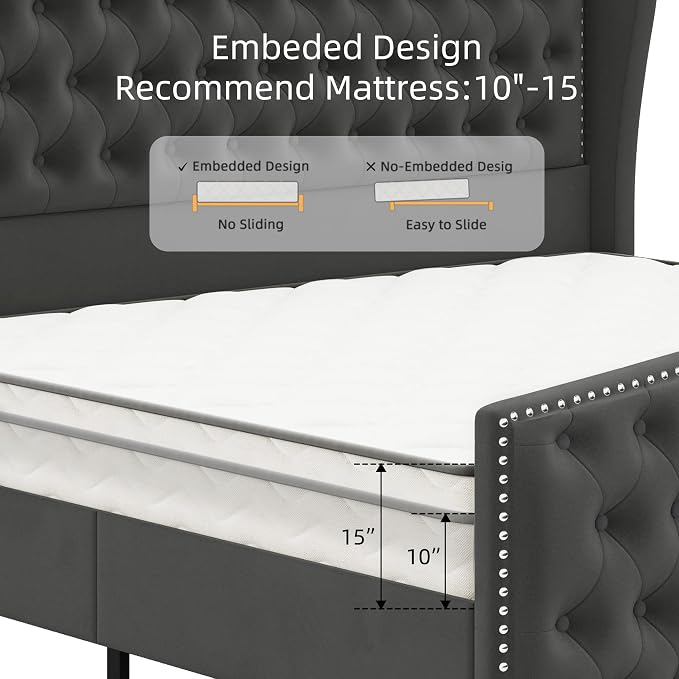 BRELTAM Upholstered Queen Size Bed Frame Velvet Tufted Platform Bed Frame - Image 6