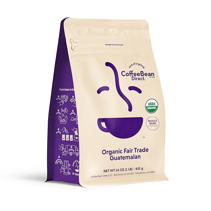 Coffee Bean Direct Organic Fair Trade Guatemalan, Whole Bean Coffee, Light Roast, 1 Pound Bag (Pack of 1)