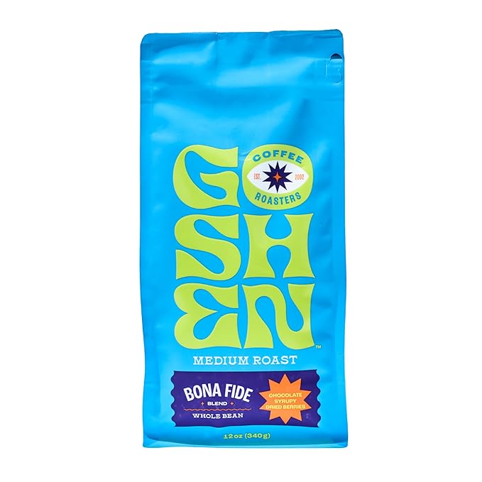 Goshen Coffee Roasters Whole Bean Bona Fide Blend | Medium Roast, Brewed or Espresso | Award-Winning, Natural and Washed | Chocolate, Syrupy, Dried Berry Flavors | 12 Oz Bag