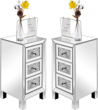 VINGLI 3-Drawer Mirrored Nightstand Bedside Table Modern Night Stands Set of 2 by VINGLI