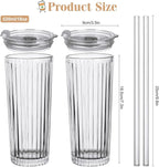 18oz Ribbed Glass Tumbler with Lid and Straw Set of 2: Leak-Proof Drinking Glasses to Go, Reusable Iced Coffee Cups for Cold Drinks, Juice, Smoothie, Glass Cups with Stylish Ribbed Design