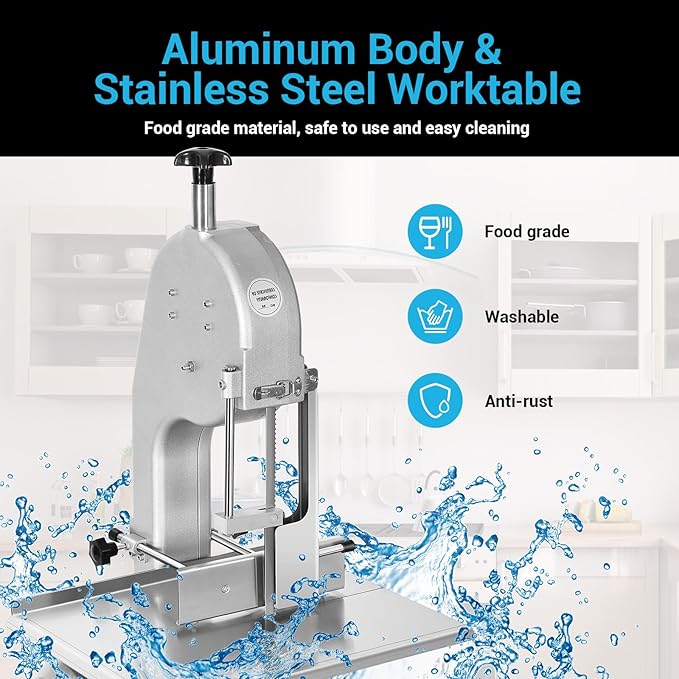 Commercial Electric Meat Bone Saw Machine, Kitchen Frozen Food Processor, Adjustable Thickness 0.6-5.9”, Butcher Band Saw with 20x15” Work Table for Chicken Fish Beef Bread