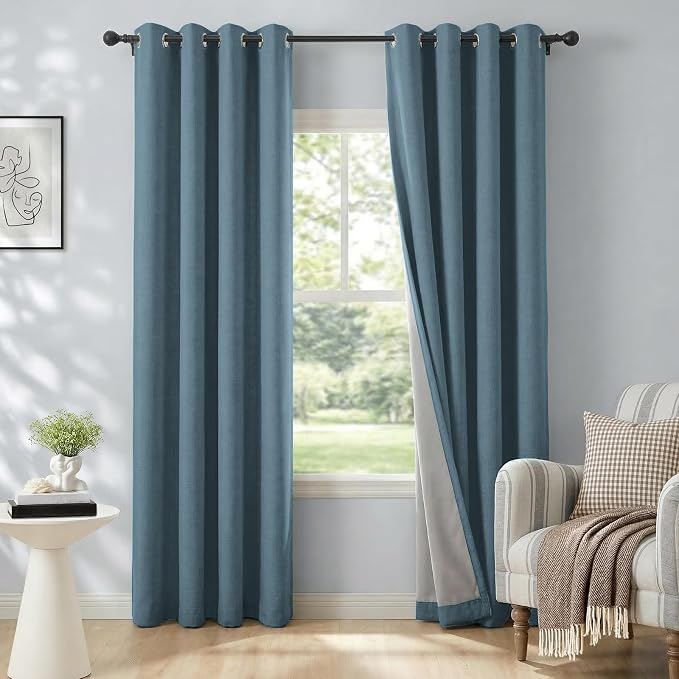 100% Blackout Linen Textured Curtains 90 Inch Long, Stone Blue | 100% Blackout by 100BlackoutShield