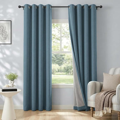 100% Blackout Linen Textured Curtains 90 Inch Long, Stone Blue | 100% Blackout by 100BlackoutShield