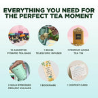CHAYAM Tea Lover's Luxury Gift Basket with Cups & Infuser | 10 Assorted Tea Bags, Ginger Lemongrass Herbal Loose Leaf 50g/1.76oz, 2 Mugs & Lead-Free Premium Brass Infuser | Self-Care Gifts for Mom and Her