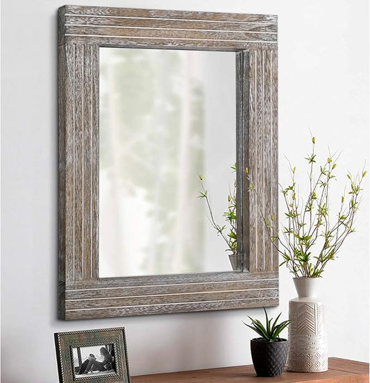 Wall Mirror Rustic Wooden Frame Rectangle Mirror Vintage Hanging Mirror by HLFMVWE