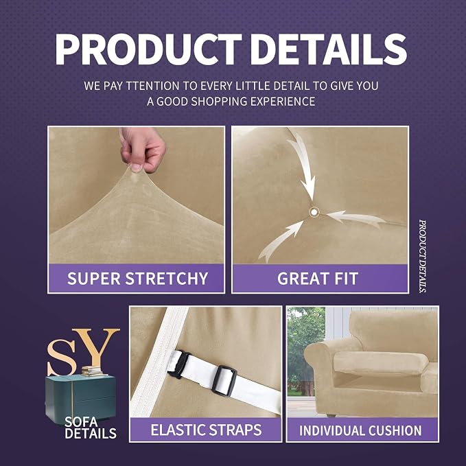 ZNSAYOTX Luxury Velvet Couch Cover 4 Piece Stretch Sofa Covers - Image 4