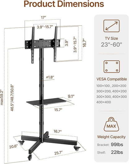 Heavy-Duty Rolling TV Stand for 23”-60” Screens—Supports 121 lbs, Stable Mobile - Image 9
