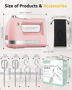 Electric Hand Mixer, Powerful 300W Hand Mixer Electric Handheld with 304 Beaters, Dough Hook,Hand Held Mixer with Turbo for Baking Cakes, Eggs, Cream Food(Pink)