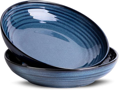 Hasense Pasta Bowls Set of 2, 8.7 Inch Ceramic Salad Serving Bowls for Kitchen, 32 Ounce Shallow Bowls for Pasta Soup Salad Dinner, Microwave Dishwasher Safe, Navy Blue