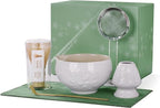 ZENS Matcha Whisk Set, Ceramic Matcha Set Includes 15oz Sakura Bowl, Bamboo Whisk & Chasen Holder, Scoop & Sifter-Tea Towel, 6pcs Matcha Kit for Matcha Lovers, White