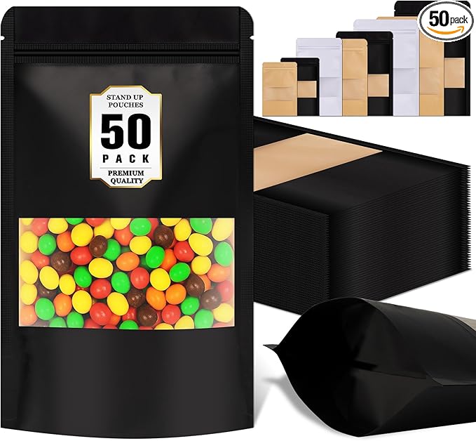 Jetmore-50pcs-Packing-Bags-Resealable, Reusable Zip Lock Snack Bags Stand Up, Smell Proof Bag, Cookies, Sealable Food Storage Baggies for Coffee, Tea, Herbs, Spice, Candy, Small Bag Pouch
