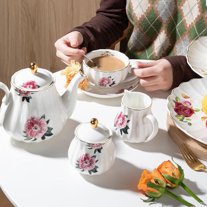 Porcelain Tea Sets British Royal Series, 8 OZ Cups & Saucer Service for 6, with Teapot Sugar Bowl Cream Pitcher Teaspoons and Tea Strainer, Suitable for High Tea, Wedding, Party
