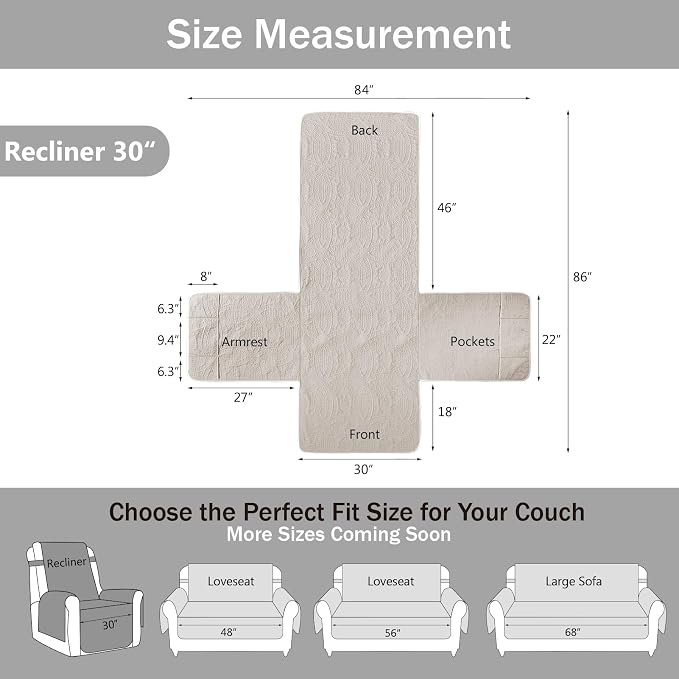Large Beige Recliner Chair Covers, Quilted Décor Water-Repellent Lazy Boy Chair - Image 7