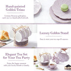 DUJUST 22 pcs Porcelain Tea Set for 6, Luxury British Style Tea/Coffee Cup Set with Golden Trim, Beautiful Tea Set for Women, Tea Party Set, Gift Package (With a Stand) - Purple