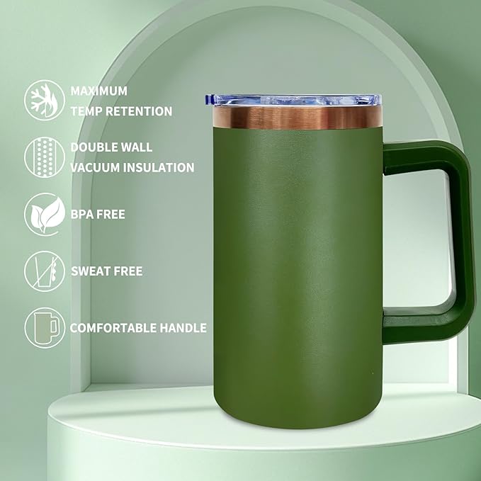 20 oz Insulated Coffee Mug with Lid, Stainless Steel Coffee Tumbler Bulk, Double Wall Vacuum Travel Mug with Handle, Leakproof Powder Coated Coffee Cups for Hot and Cold Drinks (Army Green,1 pack)