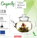 Simax Glassware 33 Ounce Glass Teapot | With Spout, Microwave and Stovetop Safe, Heat, Cold, and Thermal Shock Resistant Borosilicate Glass, Makes a Stunning Presentation…