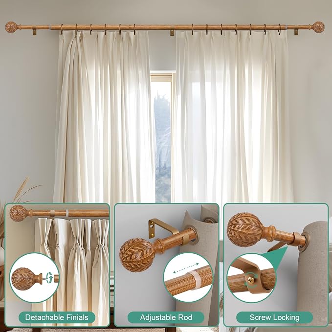 QDWIS Boho Wood Curtain Rods for Windows 66 to 120 inch, Rustic Decorative - Image 9