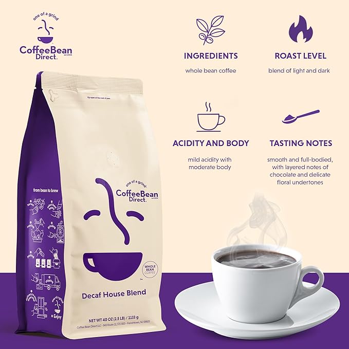Coffee Bean Direct Decaf House Blend, Whole Bean Coffee, Mixed Roast Level, 2.5 Pound Bag (Pack of 1)