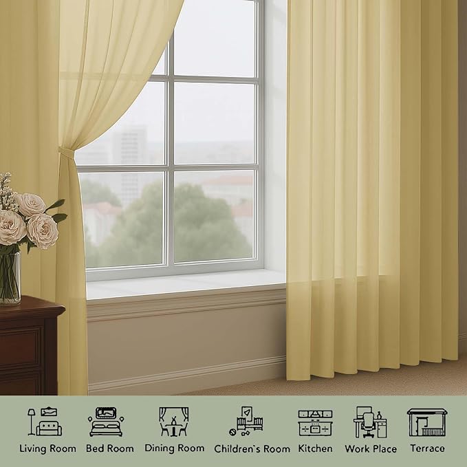 Sheer Curtains 84 Inches Long 2 Panels Set, Sheer Gold Curtains - Image 7