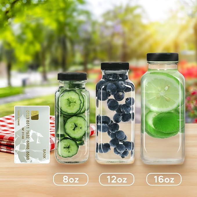 STARSIDE 12 oz 3 Pack Glass Juice Bottles with Lids - Square Reusable Drinking Jars for Juicing, Milk, Kombucha - Includes 1 Bottle Brush, 6 Colored Labels