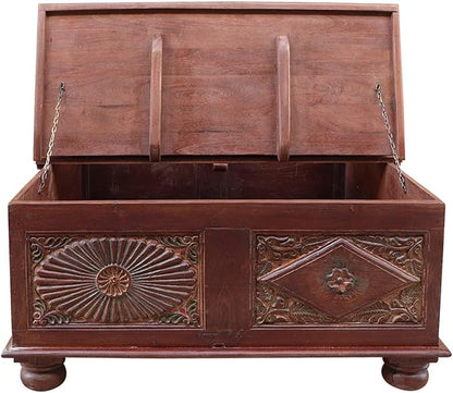 18 Inch Tall Vintage Trunk Storage Coffee Table | Rectangle Solid Wood Chest - Image 5