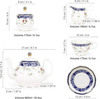 fanquare Bone China Tea Sets for Adults, 21-Piece Blue Lace and Roses Porcelain Tea Service with Sugar Bowl & Creamer, English Cremic Floral Teacups Set of 6 for Women Tea Party