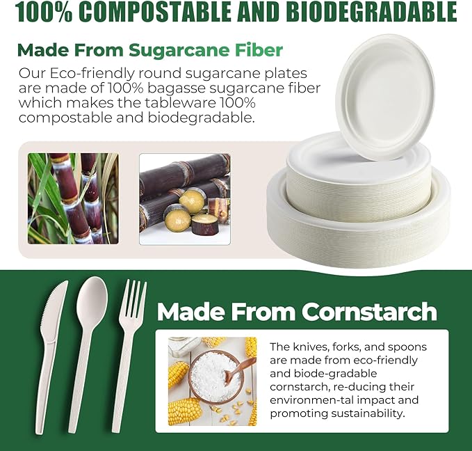 250 Pcs Biodegradable Paper Plates Set Disposable Dinnerware Set, Eco Friendly Compostable (EXTRA LONG UTENSILS), Utensil include, Forks, Knives and Spoons for Party andBirthday party, camping