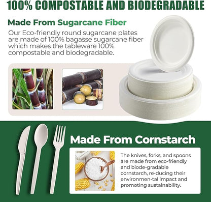 250 Pcs Biodegradable Paper Plates Set Disposable Dinnerware Set, Eco Friendly Compostable (EXTRA LONG UTENSILS), Utensil include, Forks, Knives and Spoons for Party andBirthday party, camping