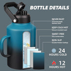 BJPKPK 1 Gallon Water Bottle with Handle, Large Dishwasher Safe 128oz Insulated Water Bottle, BPA Free Water Jug, Wide Mouth Metal Water Bottle with Anti-slip Bottom, Keep Cold & Hot,Blue & Black