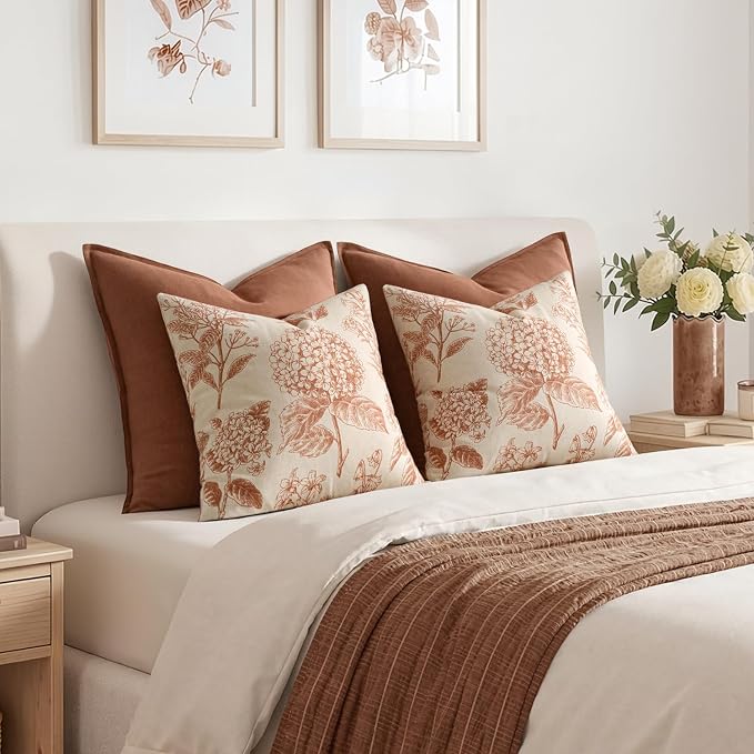 Set of 2 Decorative Floral Pillow Covers 18x18 Inch Autumn Orange | Neutral - Image 6